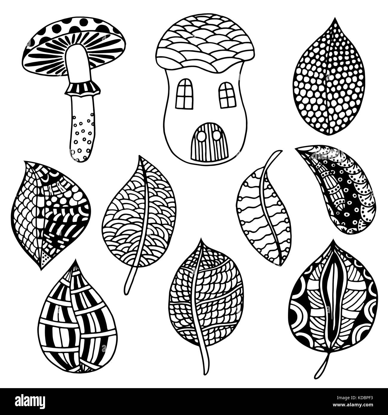 Nature elements vector set in doodle style. Floral, ornate, decorative, tribal, forest design elements. Black and white illustration. Grass, mushrooms Stock Vector