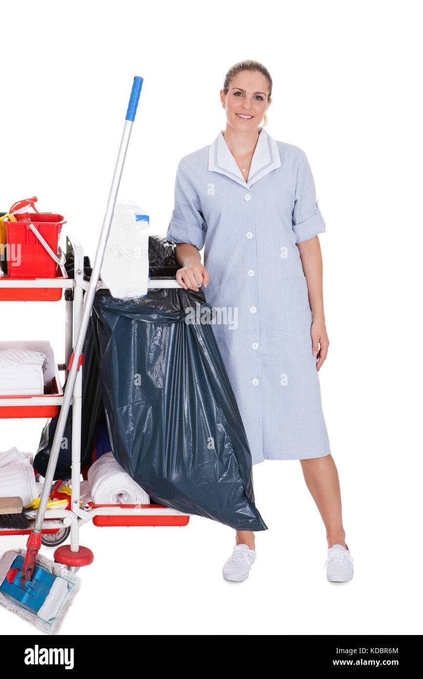 Female Cleaner With Cleaning Equipment Isolated On White Background Stock Photo
