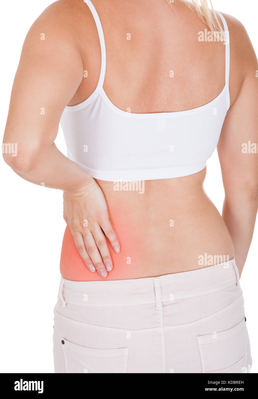 Woman suffering from low back pain with kidney anatomy shape. Cause of flank  pain include urinary tract infection, kidney infection, kidney stone, an  injury or kidney cancer. Nephrology concept. Stock Photo