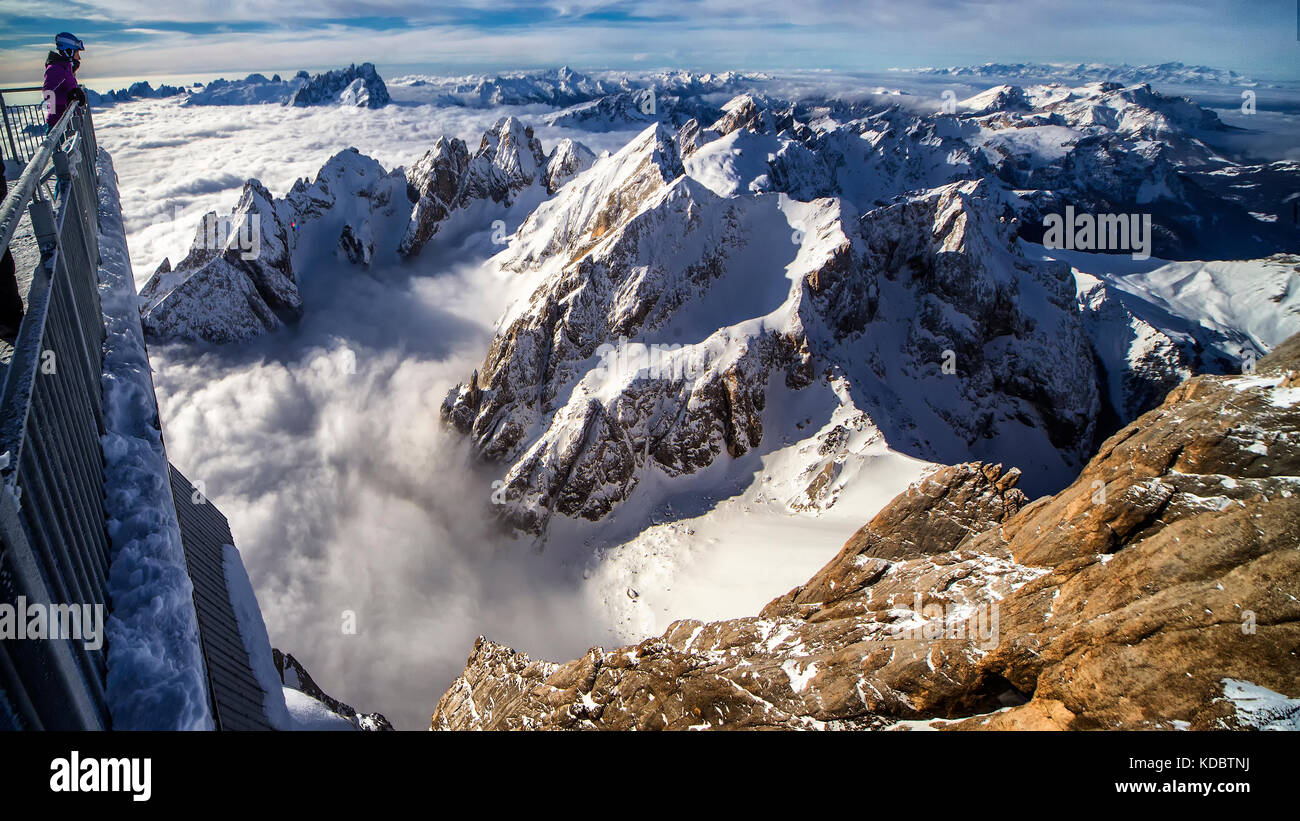 Winter mountain panorama from the top of Dolomites Stock Photo