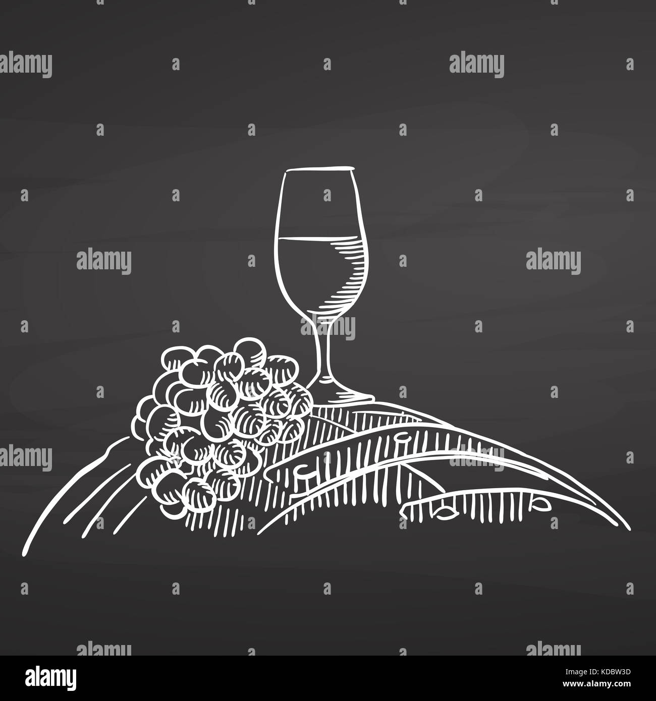 Wine glass and grapes on barrel. Chalk on chalkboard. Hand drawn