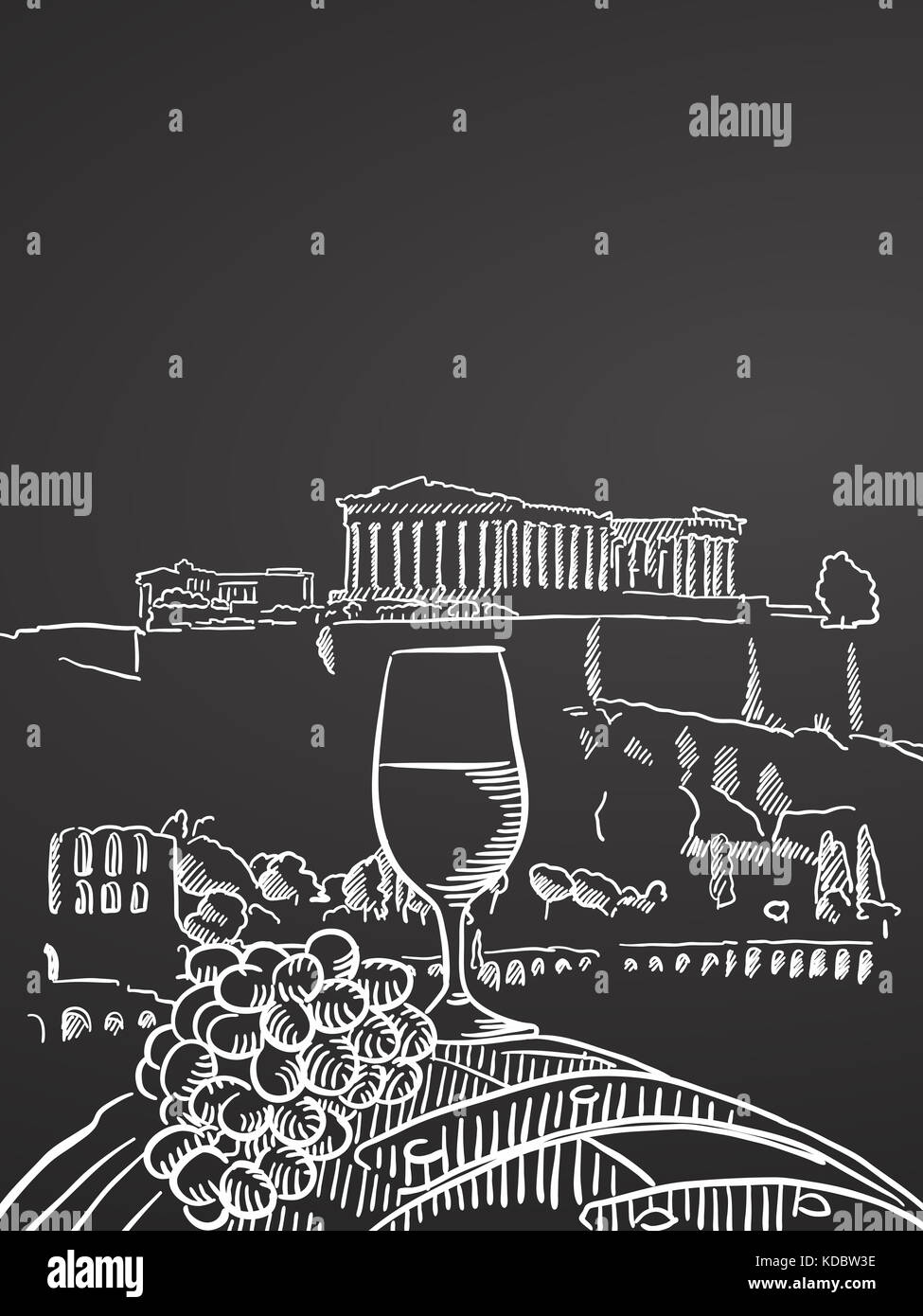 Wine glass on barrel in front of temple in greece. Hand drawn healthy food sketch. Black and White Vector Drawing on Blackboard. Stock Photo
