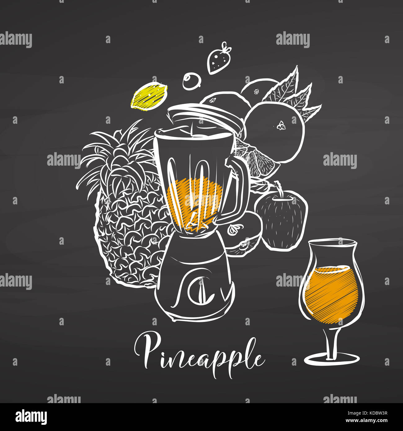 Pineapple smoothie scene on chalkboard. Hand drawn healthy food sketch. Black and White Vector Drawing on Blackboard. Stock Photo