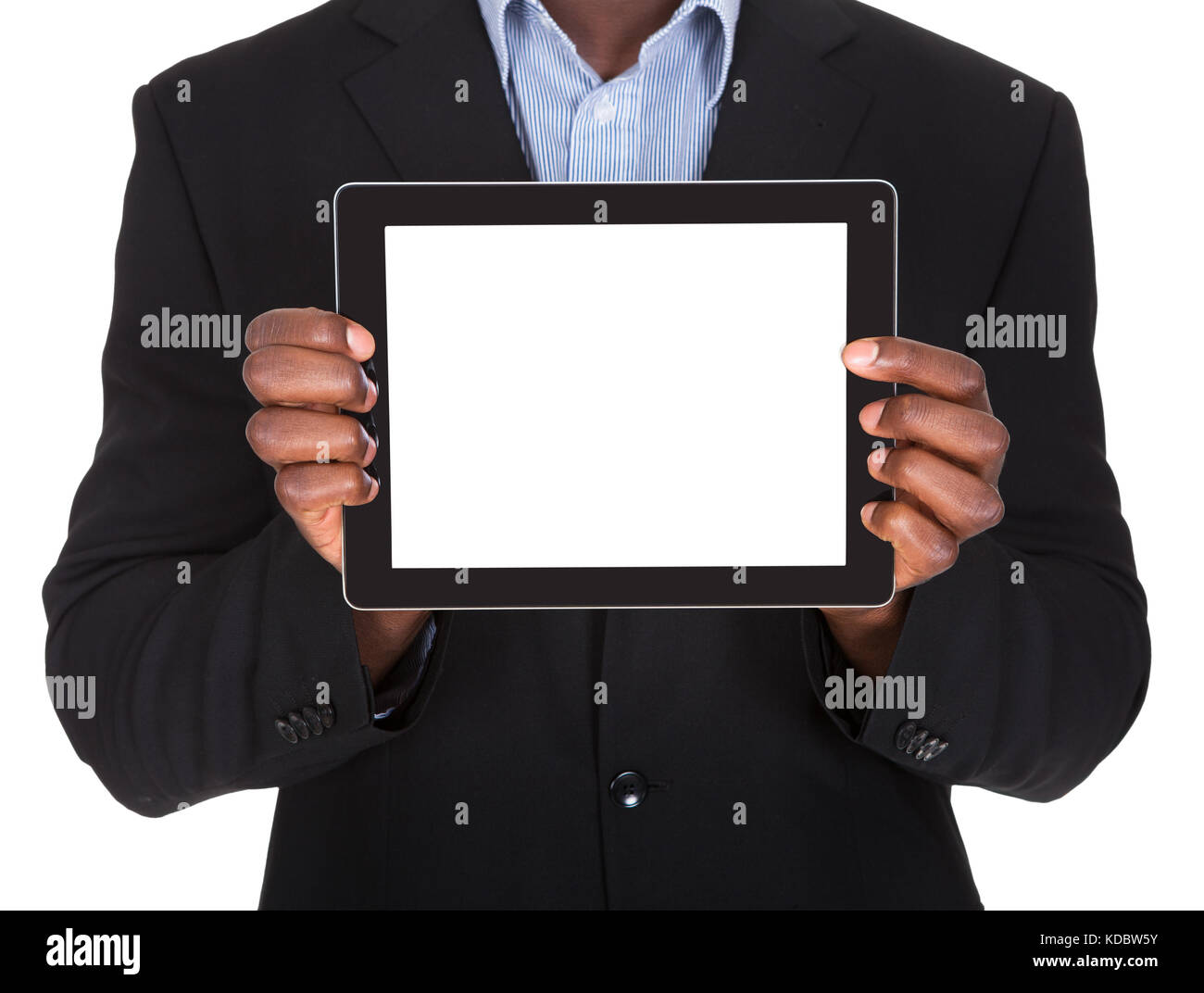 Business Man Holding Digital Tablet On White Background Stock Photo