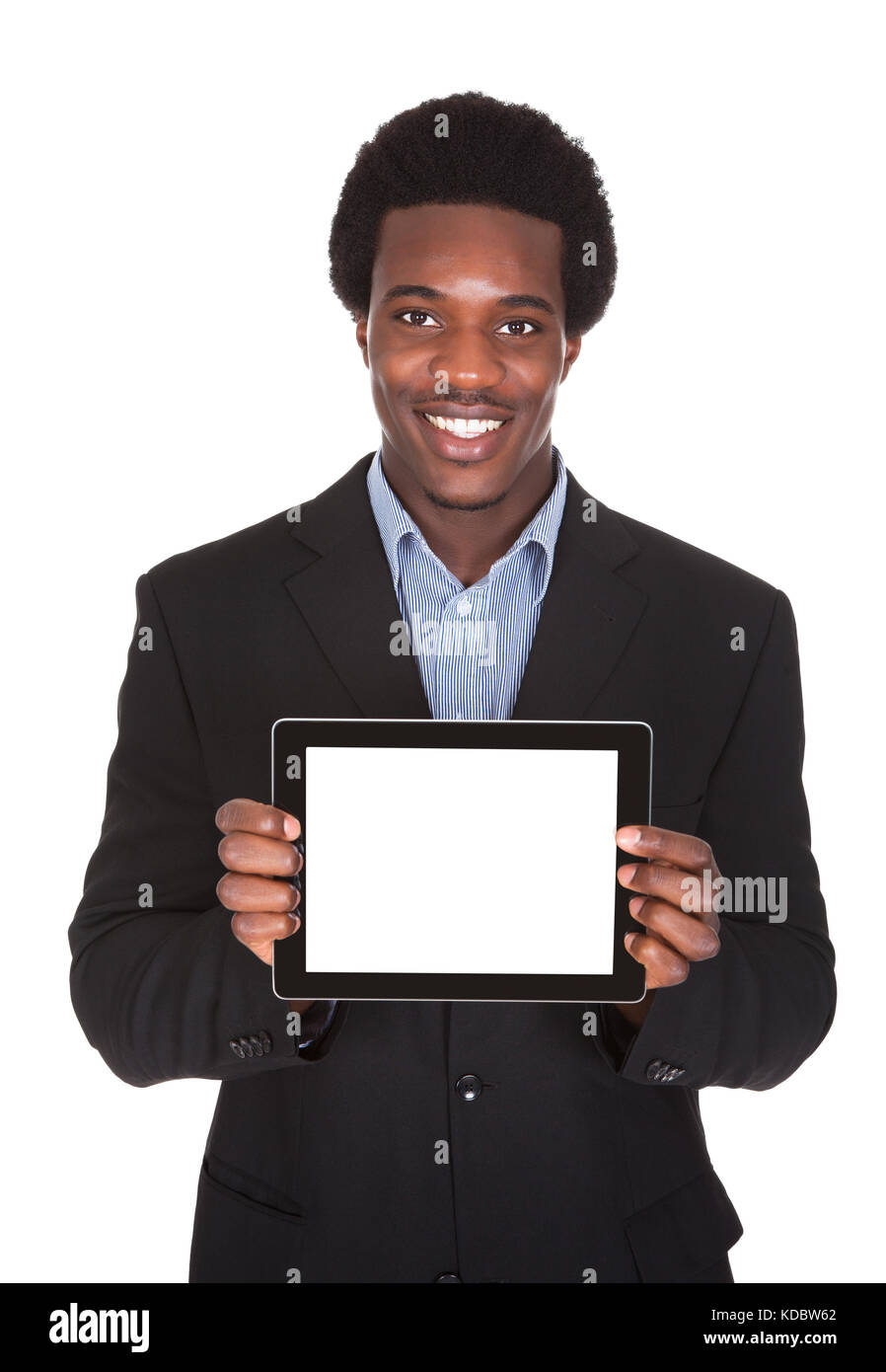 Happy Business Man Holding Digital Tablet On White Background Stock Photo