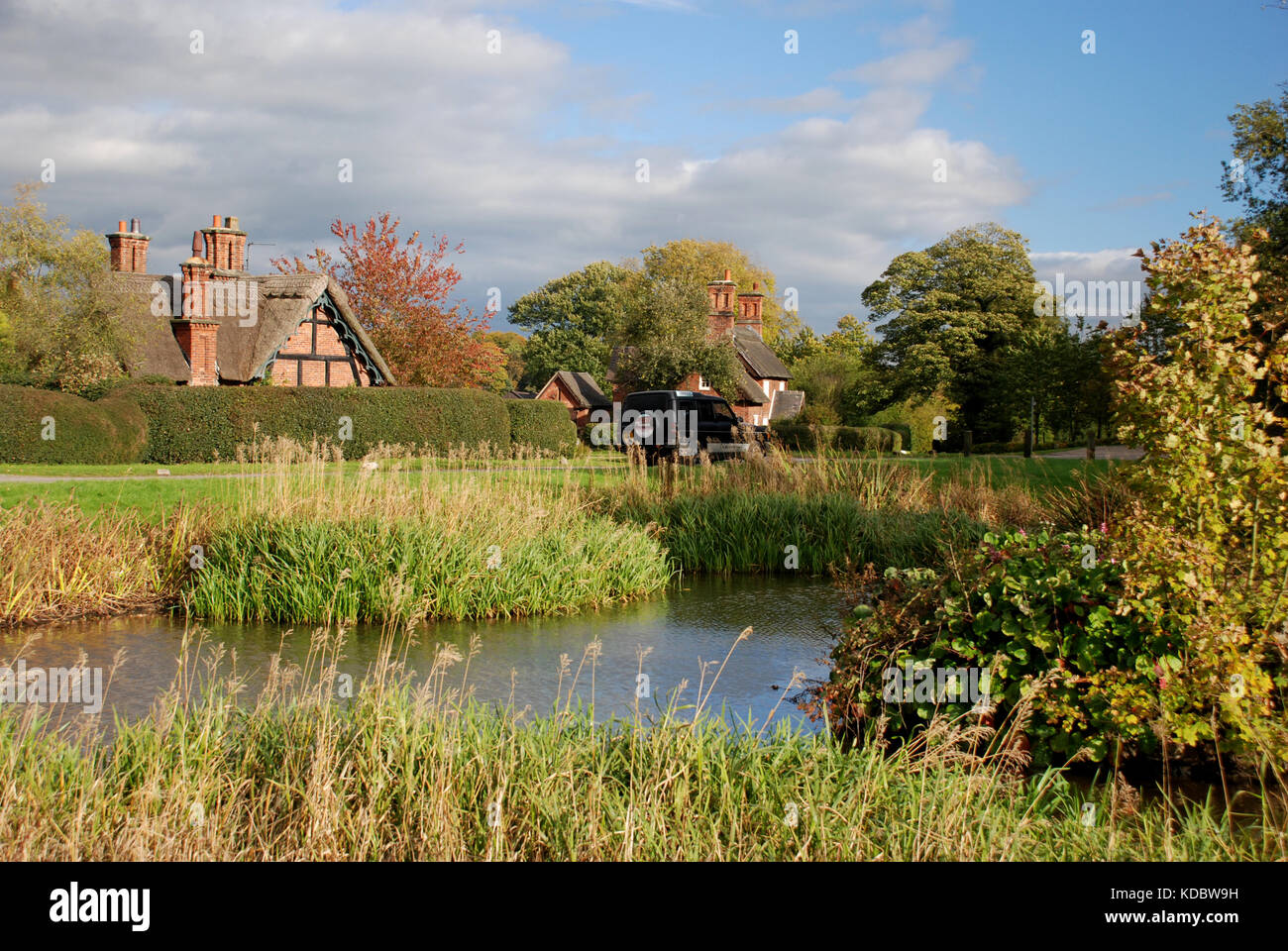 Osmaston Village pond with thatched cottage in background Stock Photo