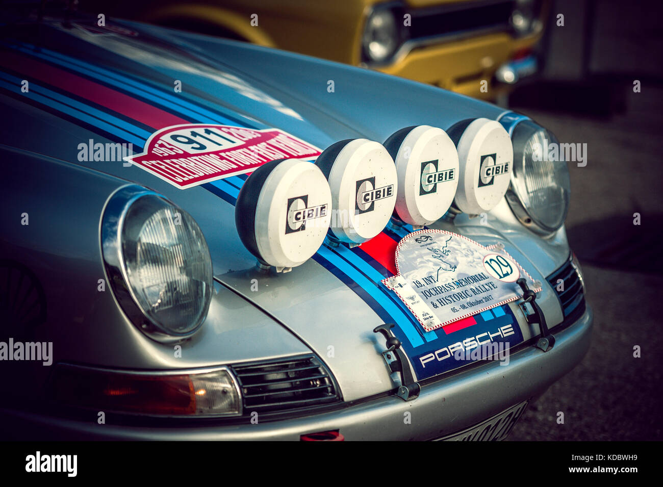 Porsche 911 Martini at Jochpass Memorial - Classic Car Race - Bavaria Germany Stock Photo
