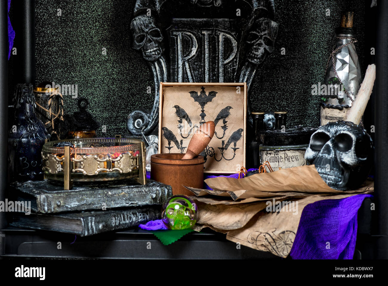 table with ritual props in the room of the sorceress Stock Photo - Alamy