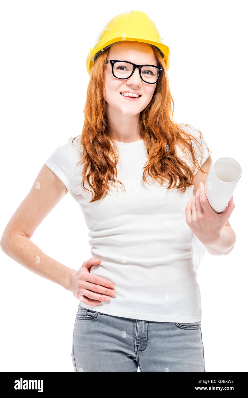 smiling woman in yellow helmet in studio posing Stock Photo - Alamy