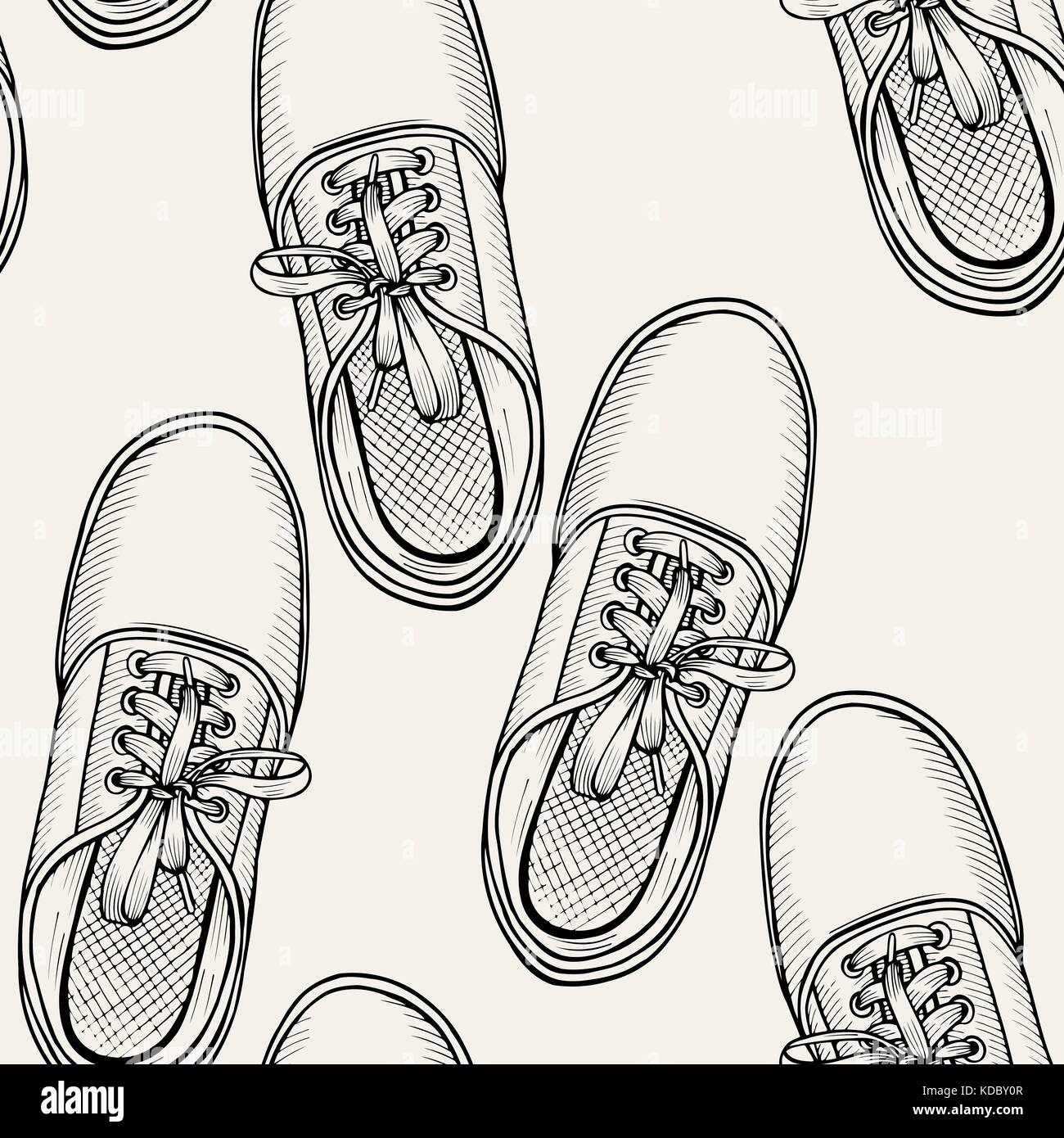 Hand drawn sketch seamless pattern of shoes - sneakers. Design element ...