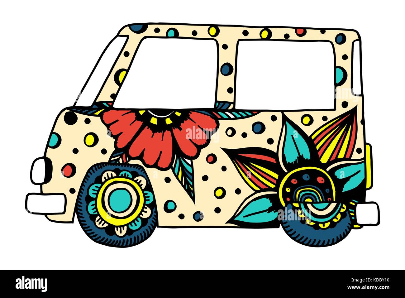 Funny car a mini van for adult anti stress. Coloring page with high details. Made by trace from sketch. Hippy color vector illustration. Stock Vector