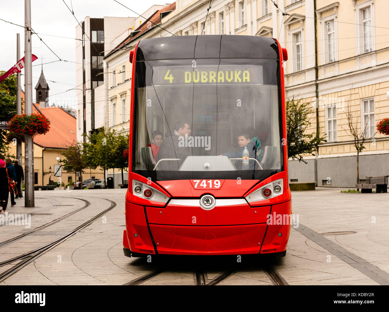 Skoda red tram, public transport, Bratislava,Slovakia Stock Photo