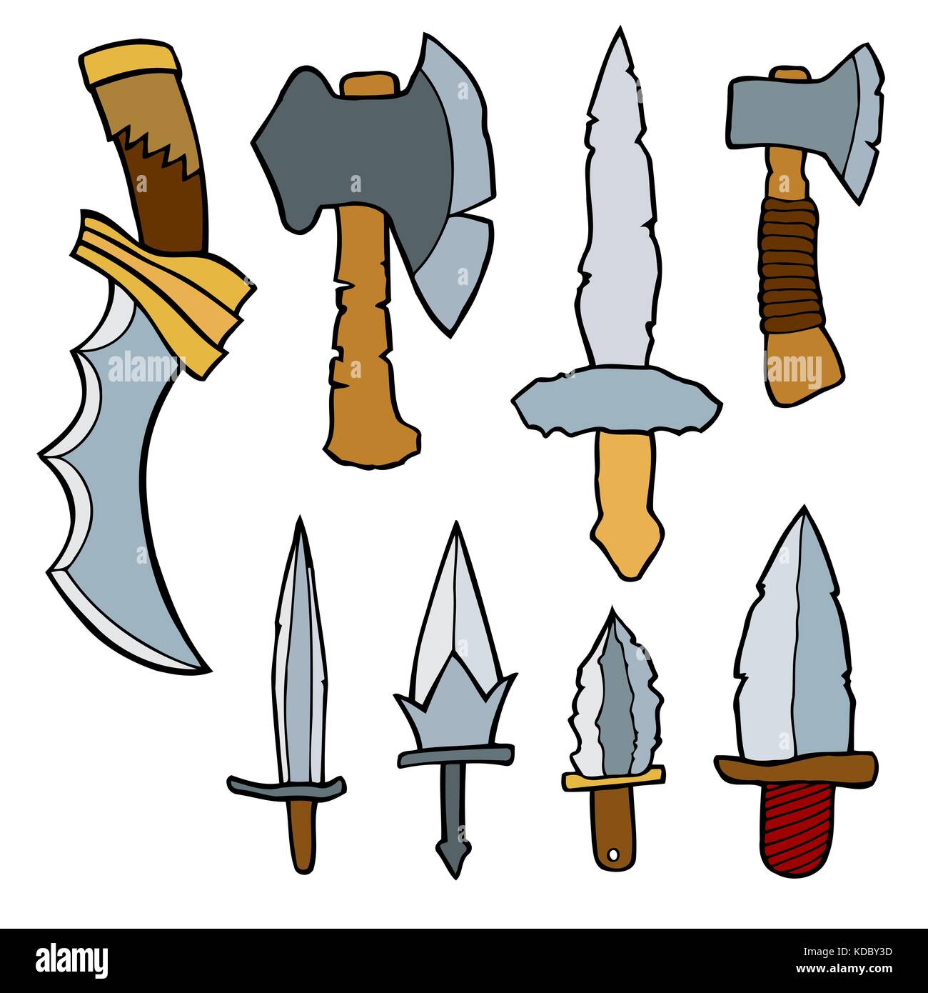 Vector set of weapons weapons. Colored Hand drawn illustration, isolated on white Stock Vector