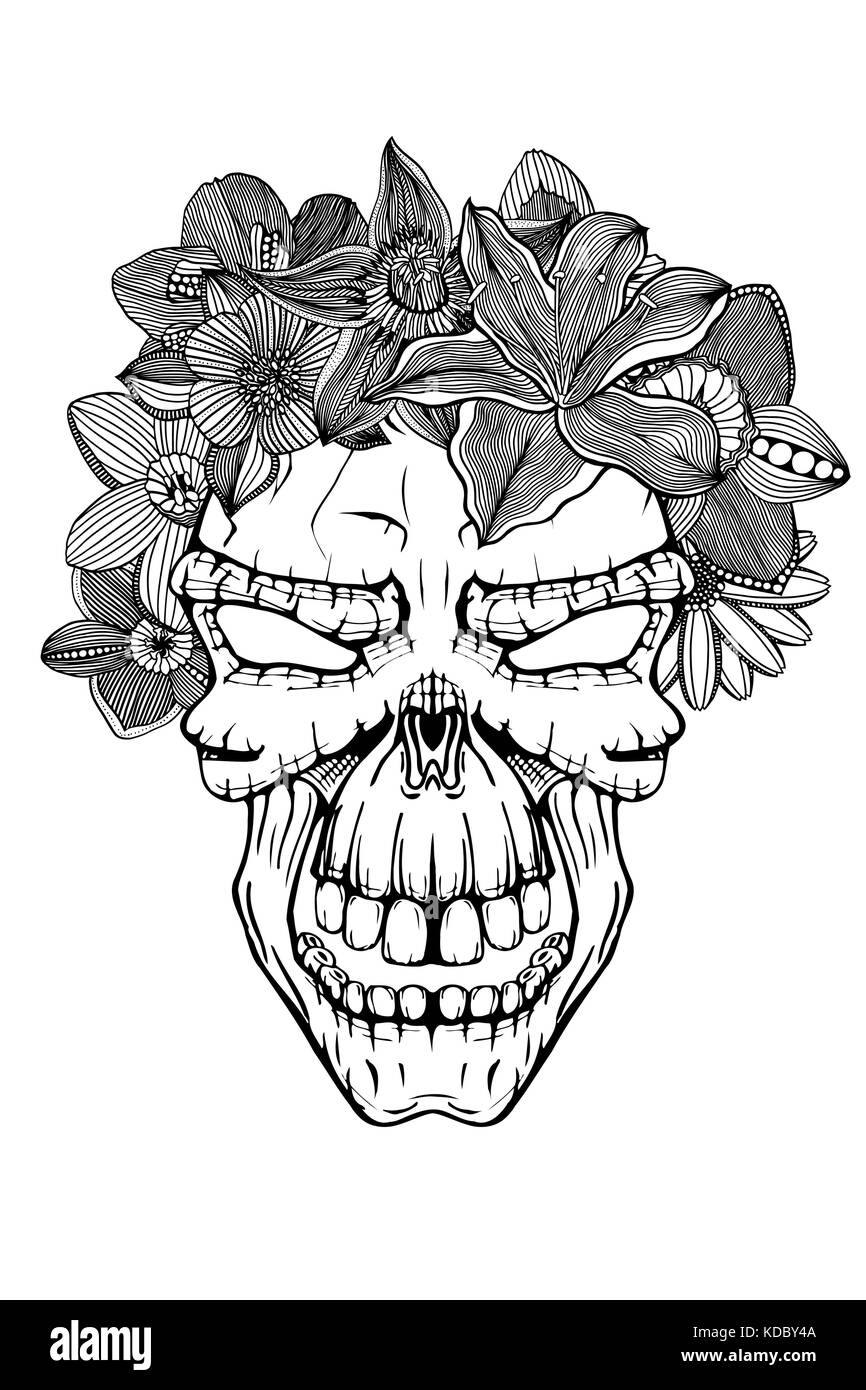 Skull with the succulent plants and flowers. Vector illustration Stock ...