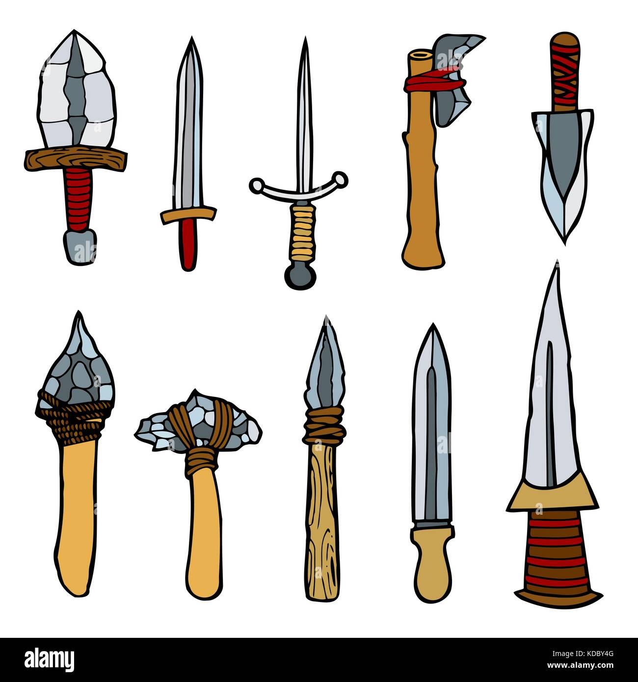 Vector set of weapons weapons. Colored Hand drawn illustration, isolated on white Stock Vector
