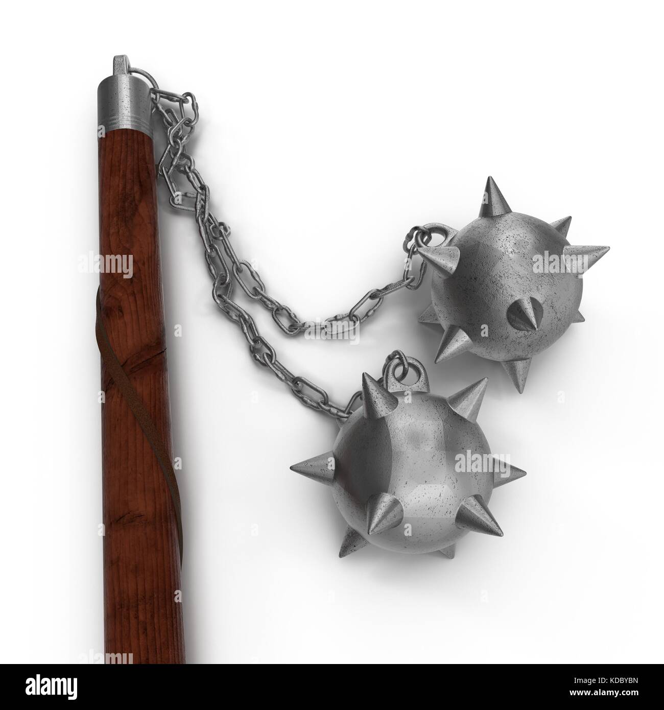 Chain flail with spiked balls isolated on white. Stock Photo