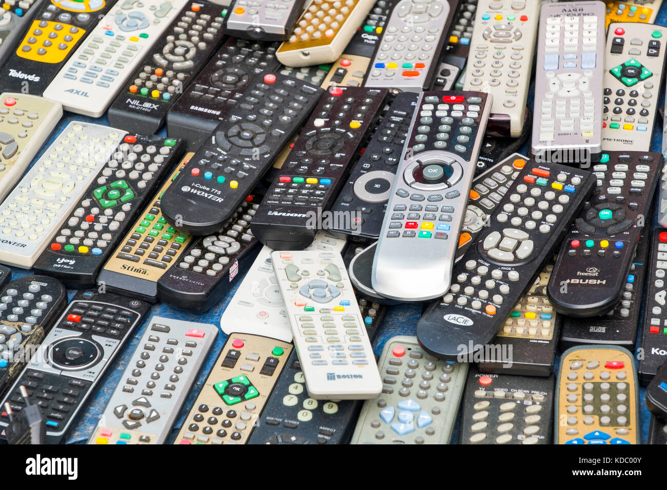 Remote controls for old TV, second hand market. Fuengirola, Málaga province  Costa del Sol, Andalusia. Southern Spain Europe Stock Photo - Alamy