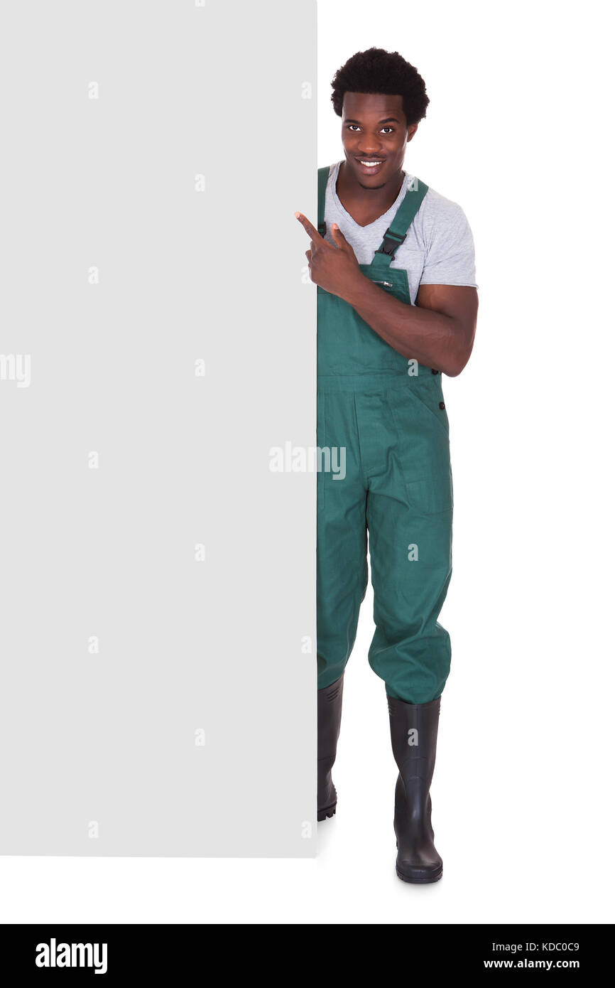 Happy Male Gardener Holding Blank Card Over White Background Stock ...