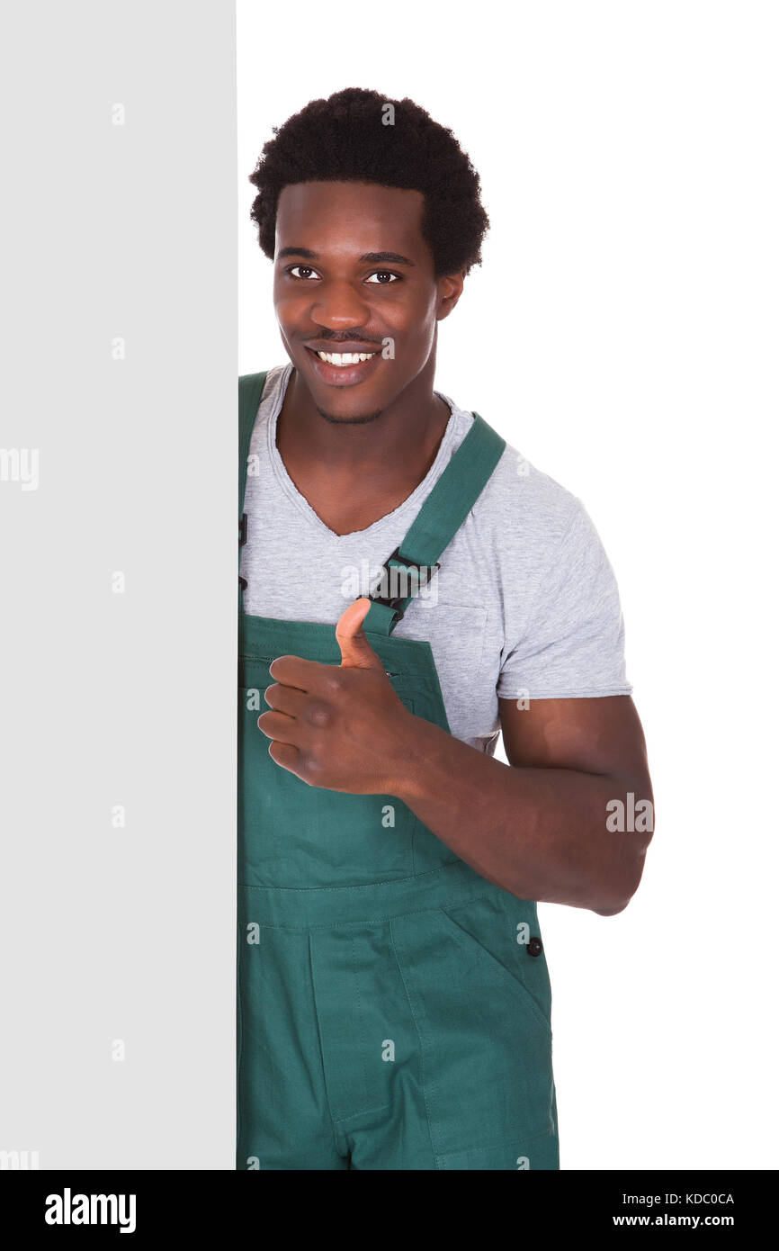 Happy Male Gardener Holding Blank Card Over White Background Stock ...