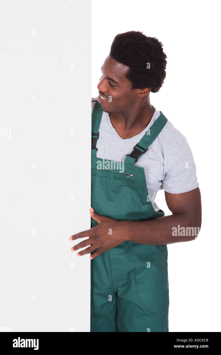 Happy Male Gardener Holding Blank Card Over White Background Stock ...