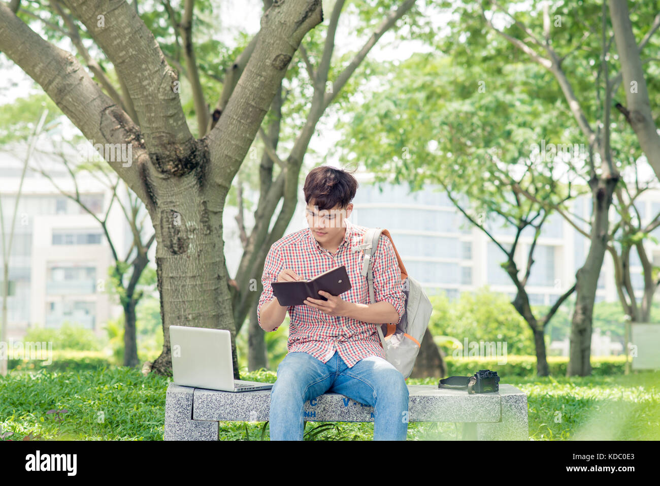 Asian student writing compositions in copybooks sitting in park Stock Photo