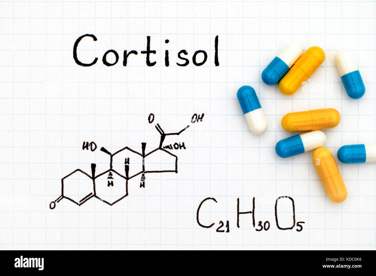 Chemical formula of Cortisol with some pills. Close-up Stock Photo - Alamy