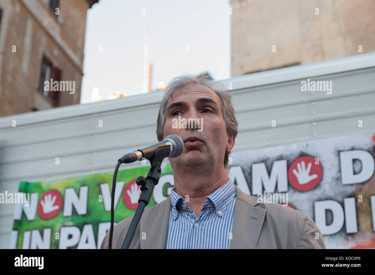 On 11/10/2017 in Piazza della Rotonda at the Pantheon, Rifondazione Comunista party, Italian Left party (SI), Together, Art.1 and Democratic personalities have manifested against the electoral law and the vote of confidence decided by the Government for its approval. Among the participants in the event were former Prime Minister and Secretary of PCI Massimo D'Alema, former secretary of the Democratic Party Pier Luigi Bersani, Nicola Fratoianni secretary of the 'Left Italian Party', Filippo Civati, secretary of 'Possible' movement. Giulio Marcon head of group Sinistra Italiana/ Possibile at the Stock Photo