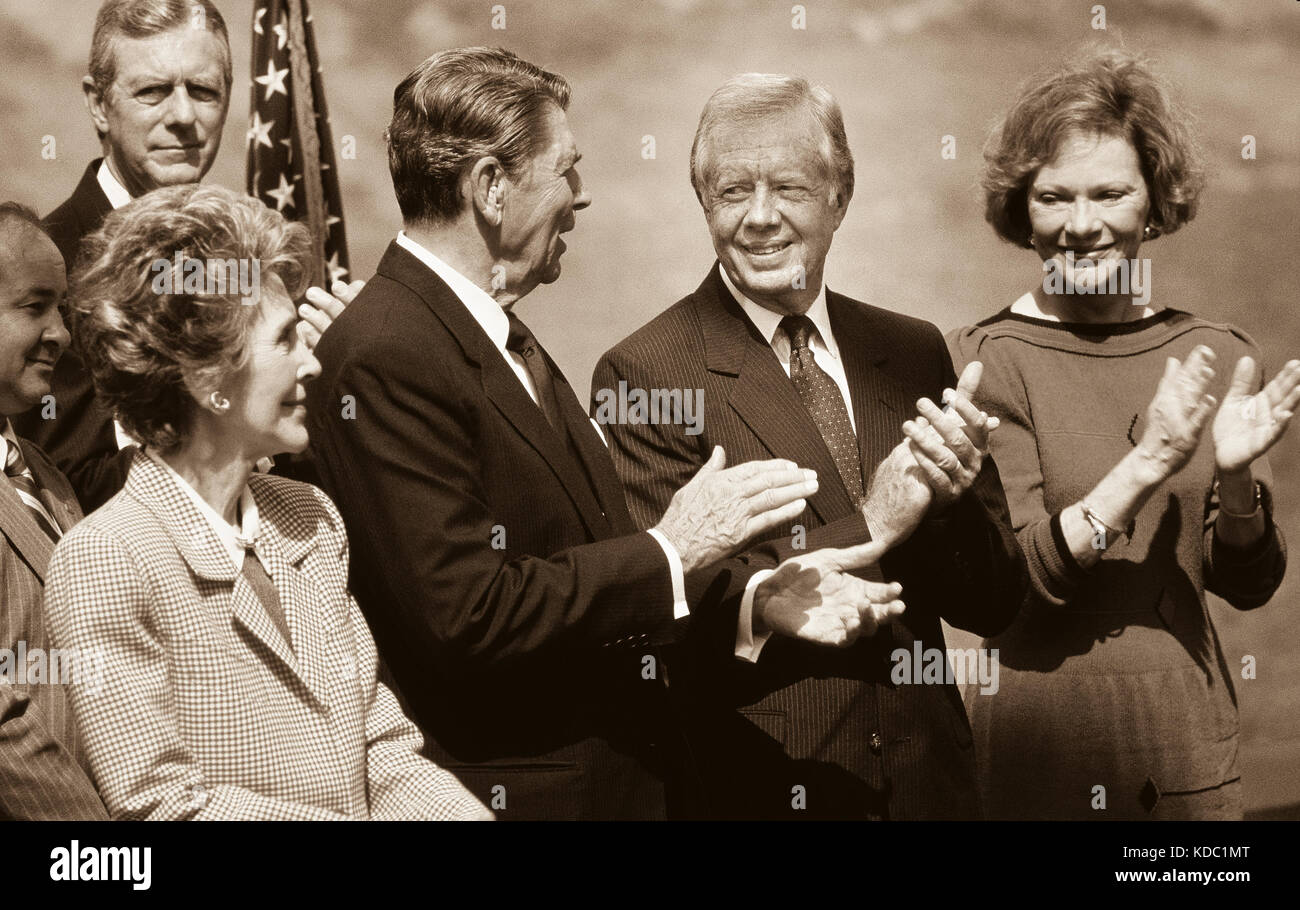 Presidents Jimmy Carter and Ronald Reagan and their wives at the dedication of the Carter Presidential Library. Stock Photo
