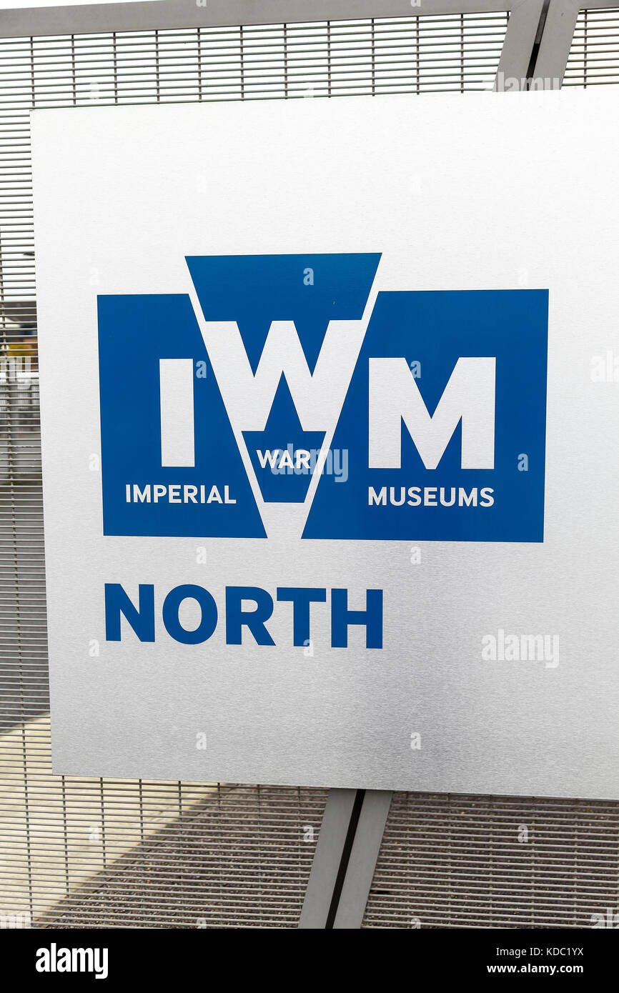 A sign for the Imperial War Museum North, Trafford Wharf Road, Stretford, Manchester, England, United Kingdom Stock Photo