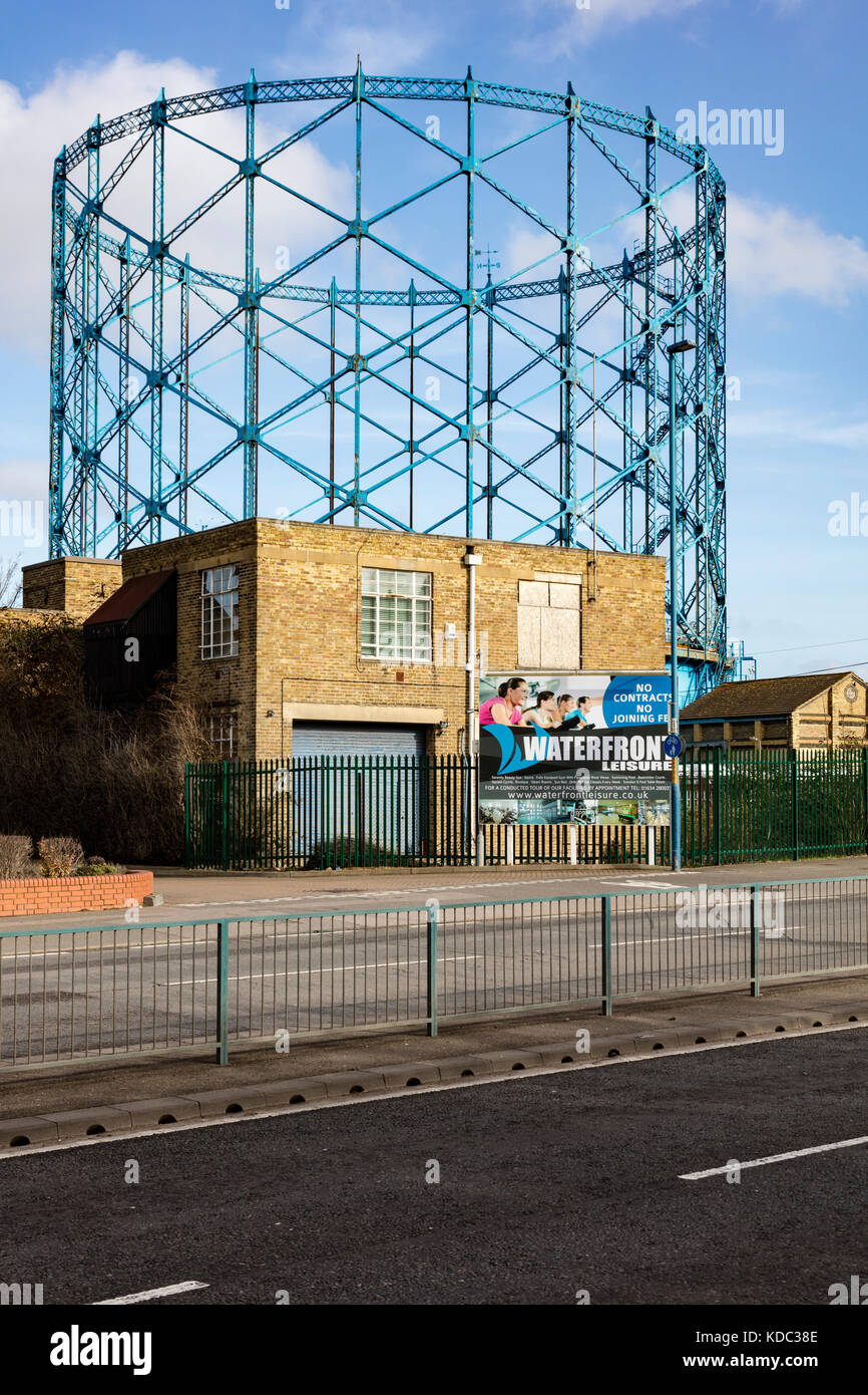 Waterfront Leisure sign in front of the gas holder near The Strand at