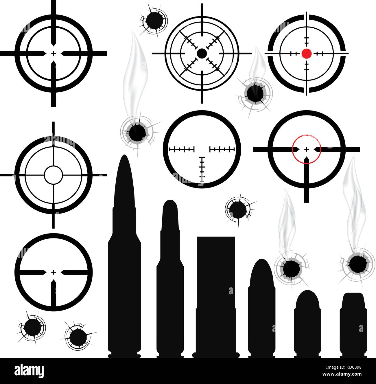 Crosshairs (gun sights), bullet cartridges and bullet holes Stock Vector