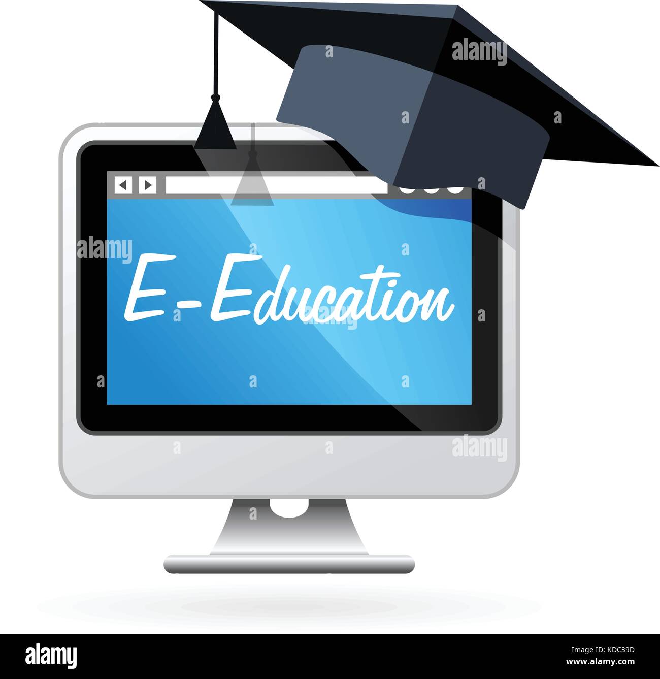 Distance learning - computer and mortarboard, e-education concept Stock Vector
