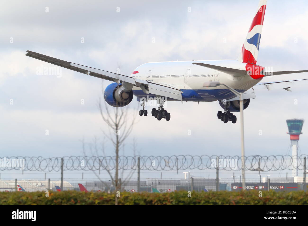 British Airways Boeing 777 G-VIIA landing at London Heathrow Airport, UK Stock Photo