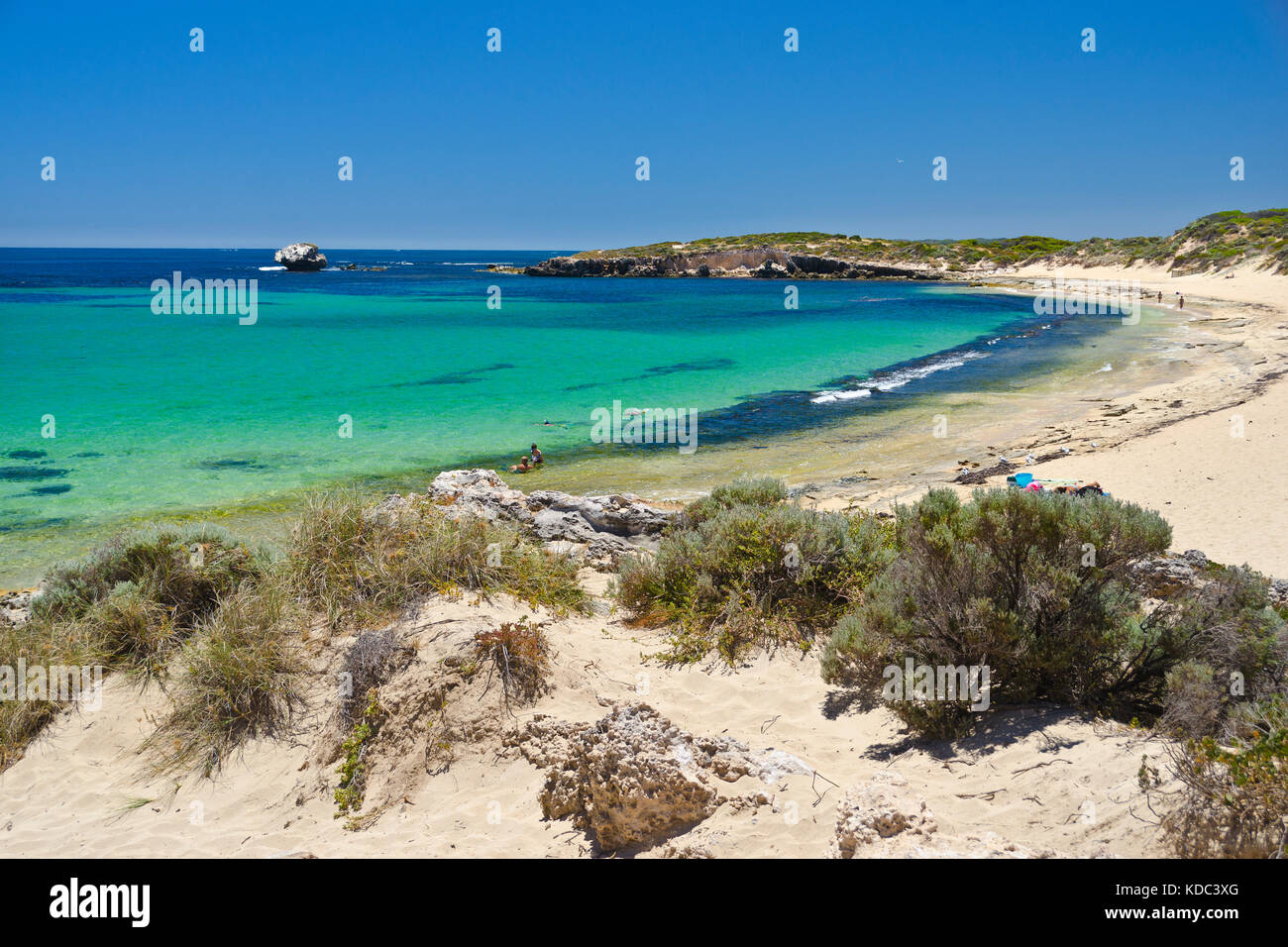 Sheltered Bay with white sandy beach on a clear day at Point Peron, Shoalwater Islands Marine Park Rockingham Western Australia Stock Photo