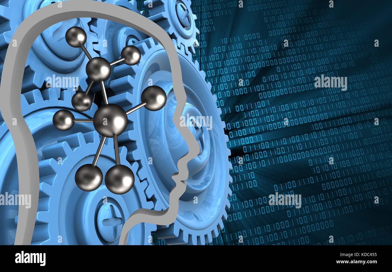 3d illustration of molecule over binary background with blue gears ...
