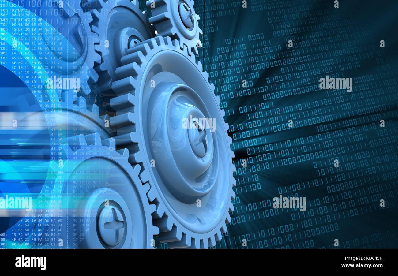 3d illustration of blue gears over binary background with Stock Photo ...
