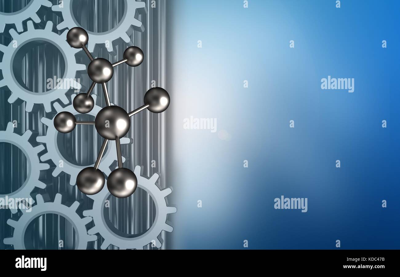 3d illustration of molecule over blue background with gears Stock Photo ...