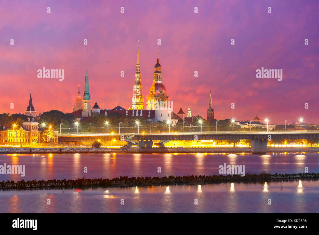 Old Town and River Daugava at night, Riga, Latvia Stock Photo