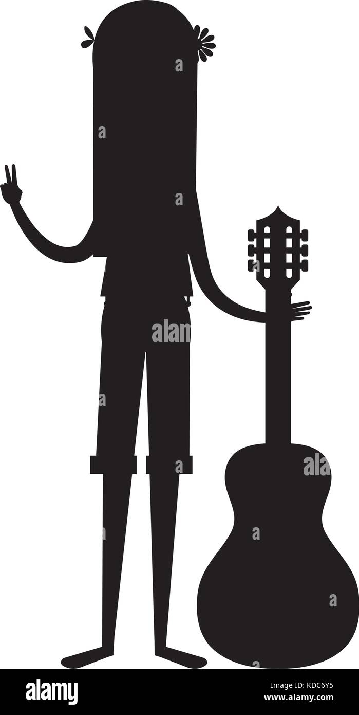 hippie woman playing guitar silhouette vector illustration design Stock