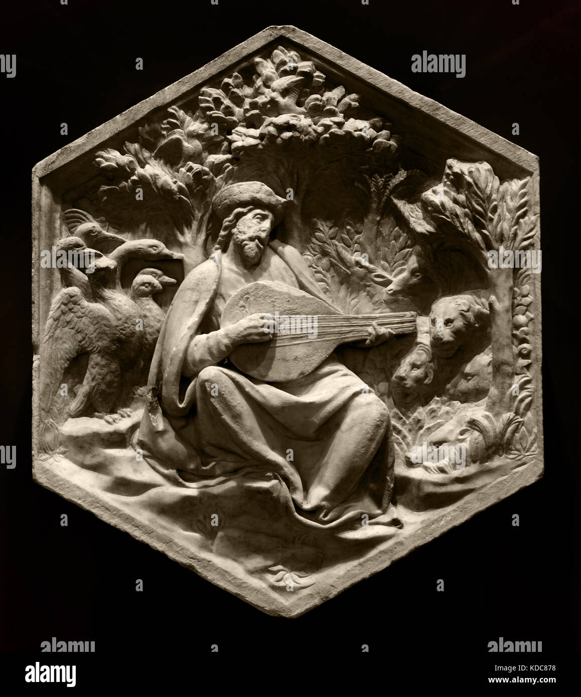 Music and Poetry (represented by Orpheus): Lucca della Robbia, 1437-39. Pisano 1290 – 1348 is sculptor architect and Workshop began about 1336 with the reliefs for the Campanile ( The Cattedrale di Santa Maria del Fiore of Florence )1336 Florence Italy ( Museo dell' Opera del Duomo ) Stock Photo