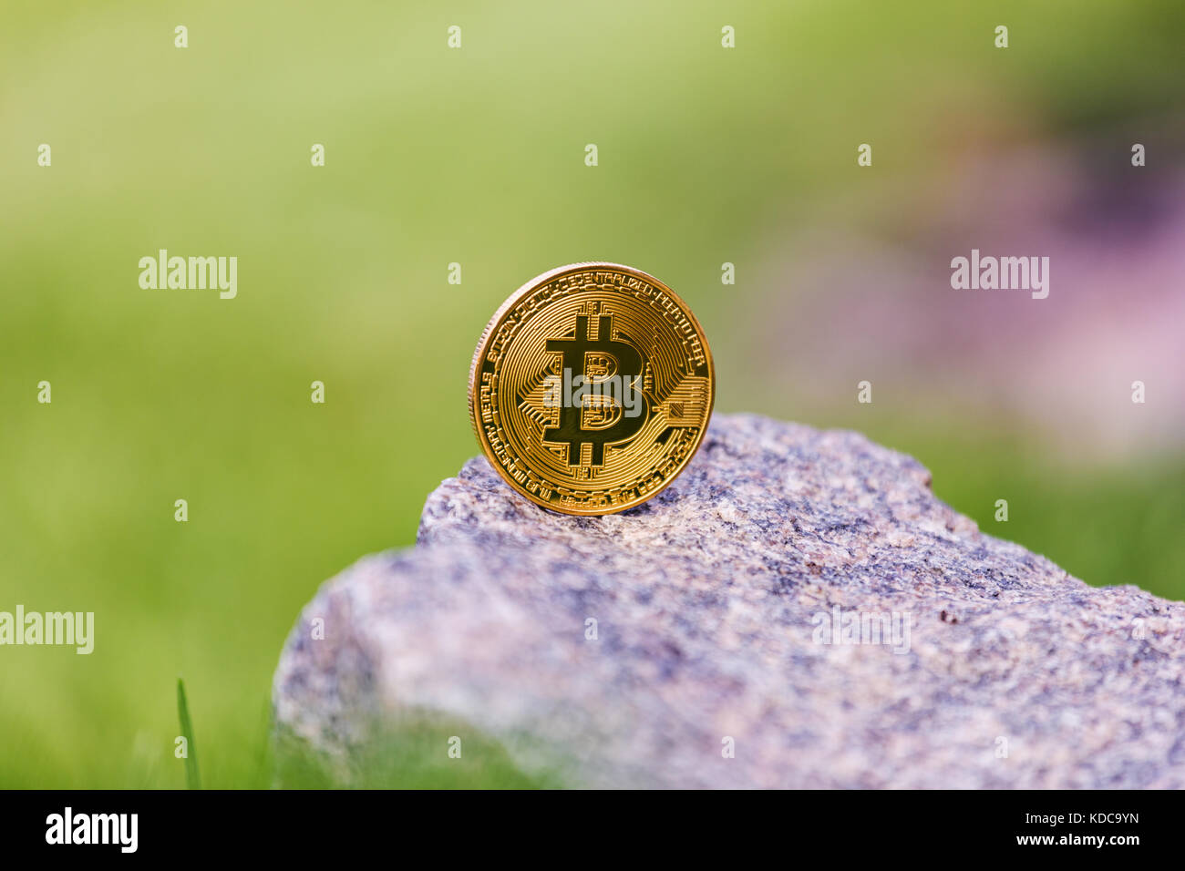 Gold and silver crypto currency bitcoin against the background of green ...