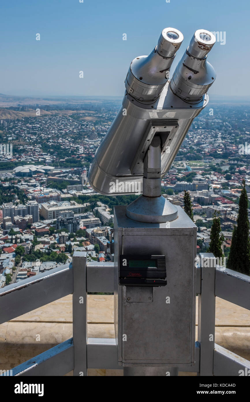 Public viewing binoculars, Funicular complex, Mtatsminda Park, Tbilisi, Georgia, Eastern Europe. Stock Photo