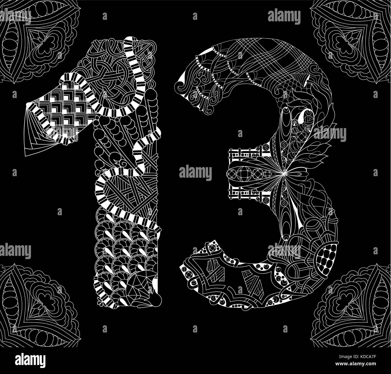 Number thirteen Zentangle on a black background. Vector decorative object Stock Vector