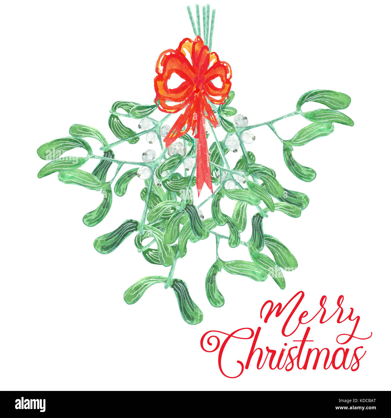 watercolor bouquet of mistletoe with red ribbon Stock Photo - Alamy
