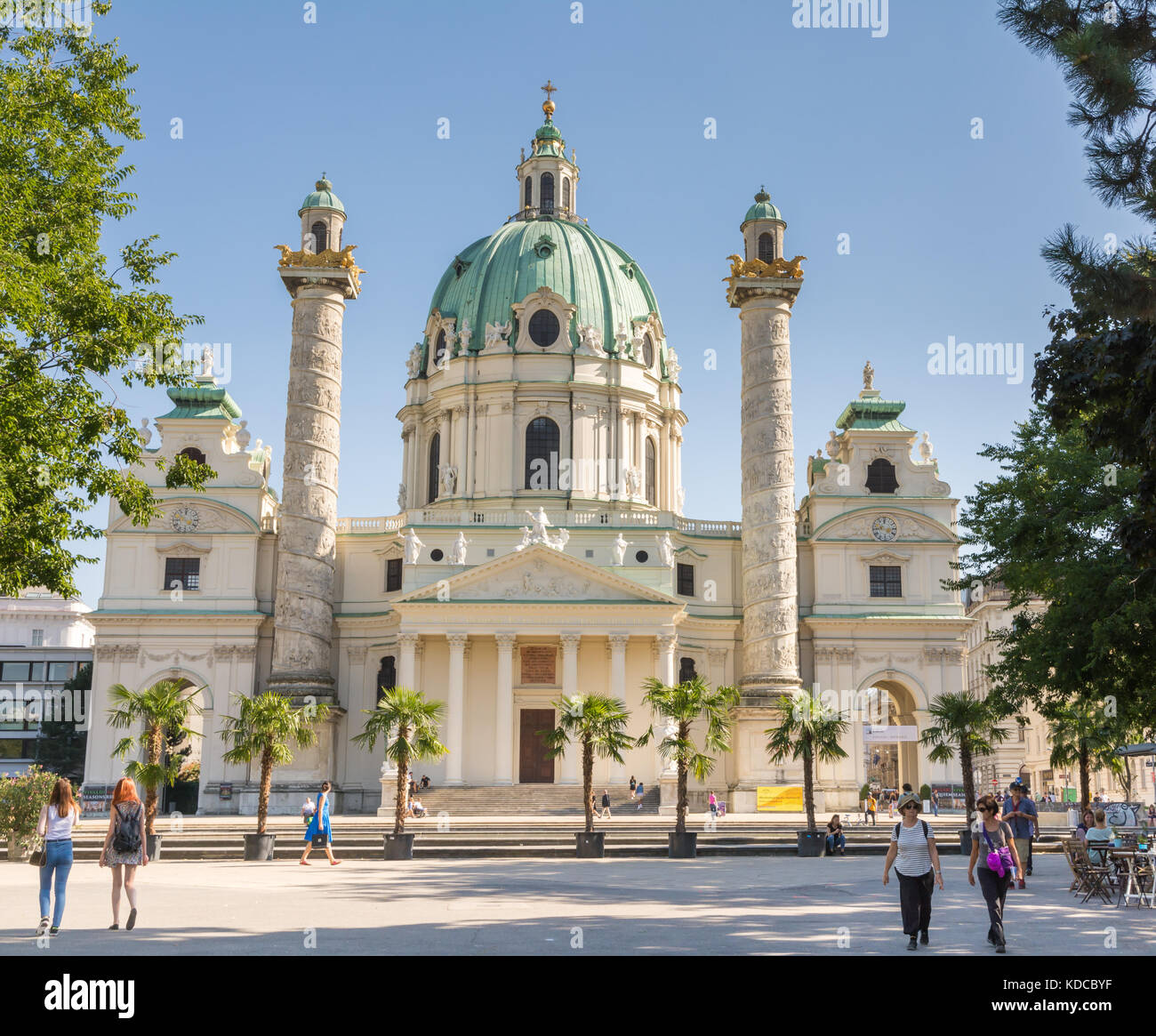 VIENNA, AUSTRIA - AUGUST 29: Tourists at the Baroque Karlskirche in Vienna, Austria on August 29, 2017. The church is considered the most outstanding  Stock Photo