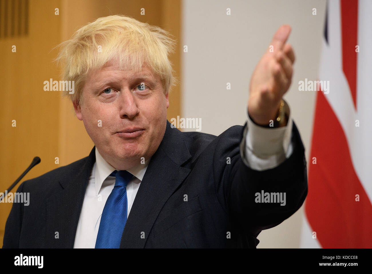 Foreign Secretary Boris Johnson, during a press conference with Poland's Foreign Minister Witold Waszczykowksi, Defence Secretary Sir Michael Fallon and Polish Defence Minister Antoni Macierewicz, at the Foreign & Commonwealth Office in London. Stock Photo