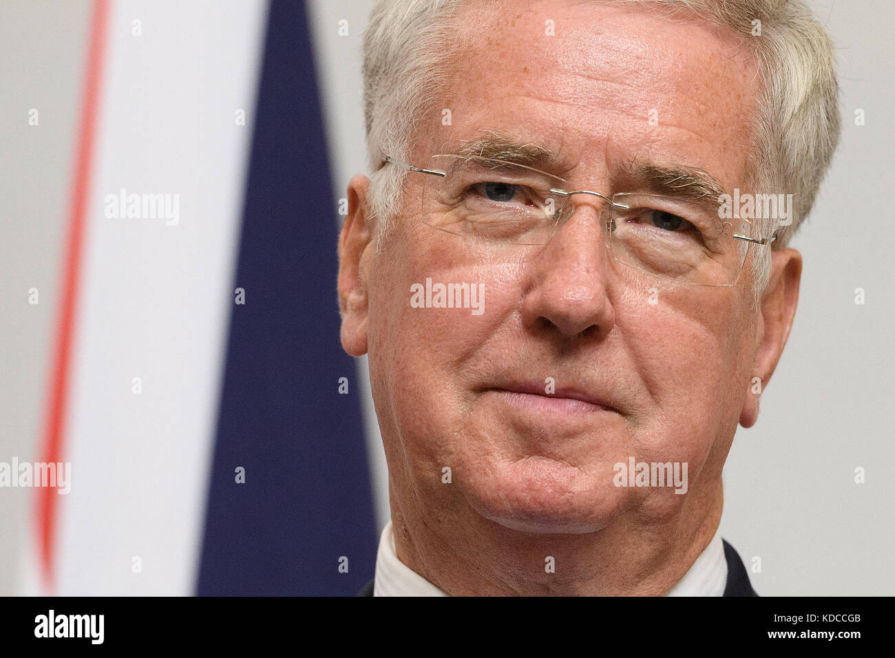 Defence Secretary Sir Michael Fallon speaks during a joint press conference with Foreign Secretary Boris Johnson, Poland's Foreign Minister Witold Waszczykowksi and Polish Defence Minister Antoni Macierewicz, at the Foreign & Commonwealth Office in London. Stock Photo