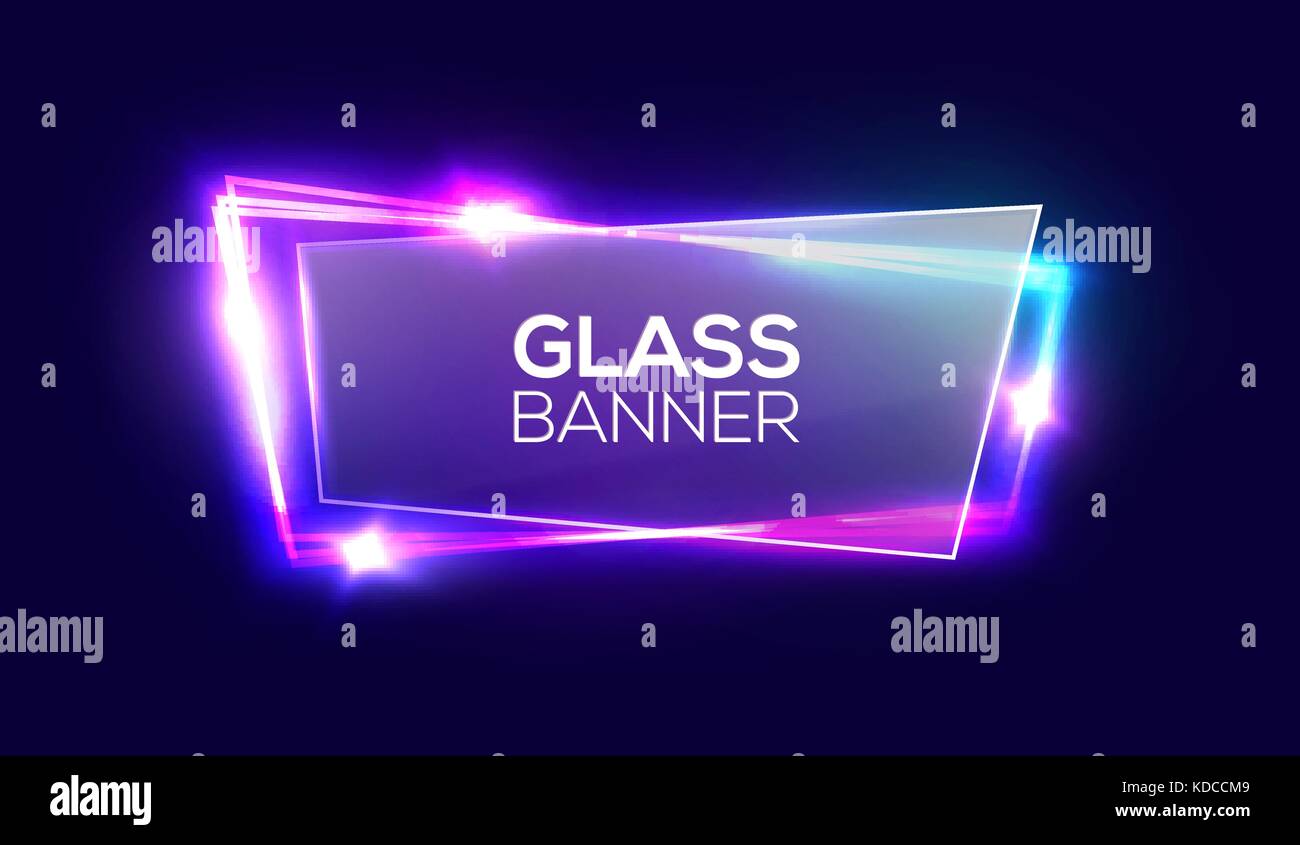 Night club neon sign with textured transparent glass plate. 3d light signboard with shining neon effect. Techno frame with glowing on dark blue backdrop. Electric banner. Colorful vector illustration. Stock Vector