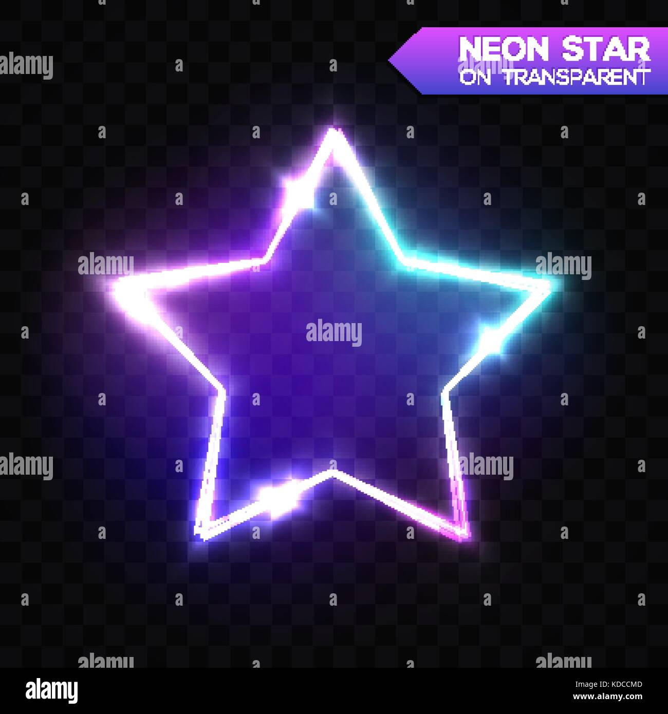 Abstract Neon Star on Dark Blue Transparent Background. Electric Frame. Night Club Sign. 3d Retro Light Star Signboard Shining Neon Effect. Techno Glowing Frame Backdrop. Colorful Vector Illustration. Stock Vector