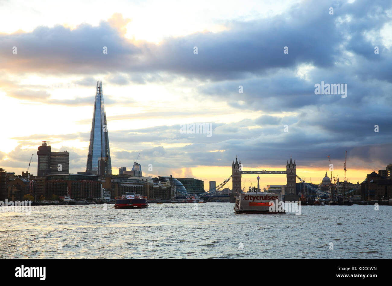 London skyline with the Shard and Tower Bridge, at sunset, in England, UK Stock Photo